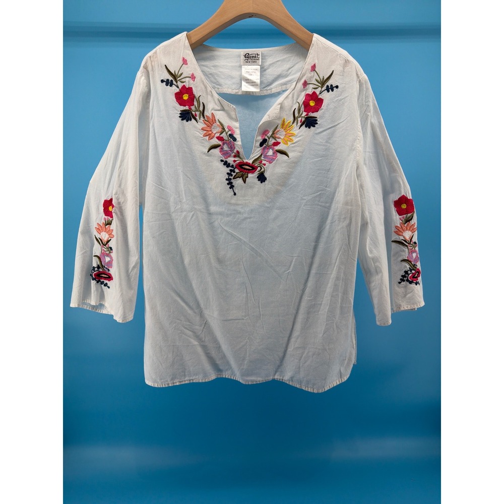 Gunit Fashions NY White Cotton Floral Embroidered Tunic Blouse Large Boho Split